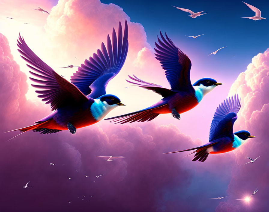 Colorful Swallows Soaring in Purple and Pink Sky