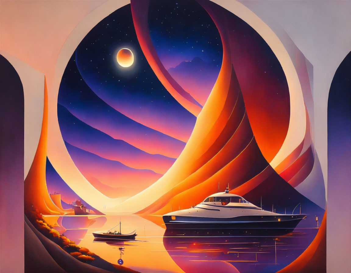 Surreal painting of yacht on calm waters with warm sunset tones