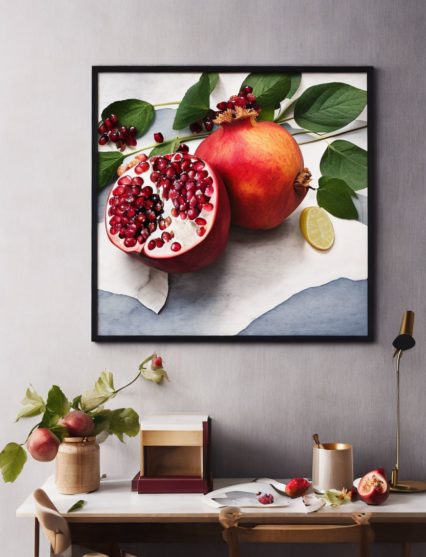 Framed picture of pomegranate and lemon above desk with decorative items