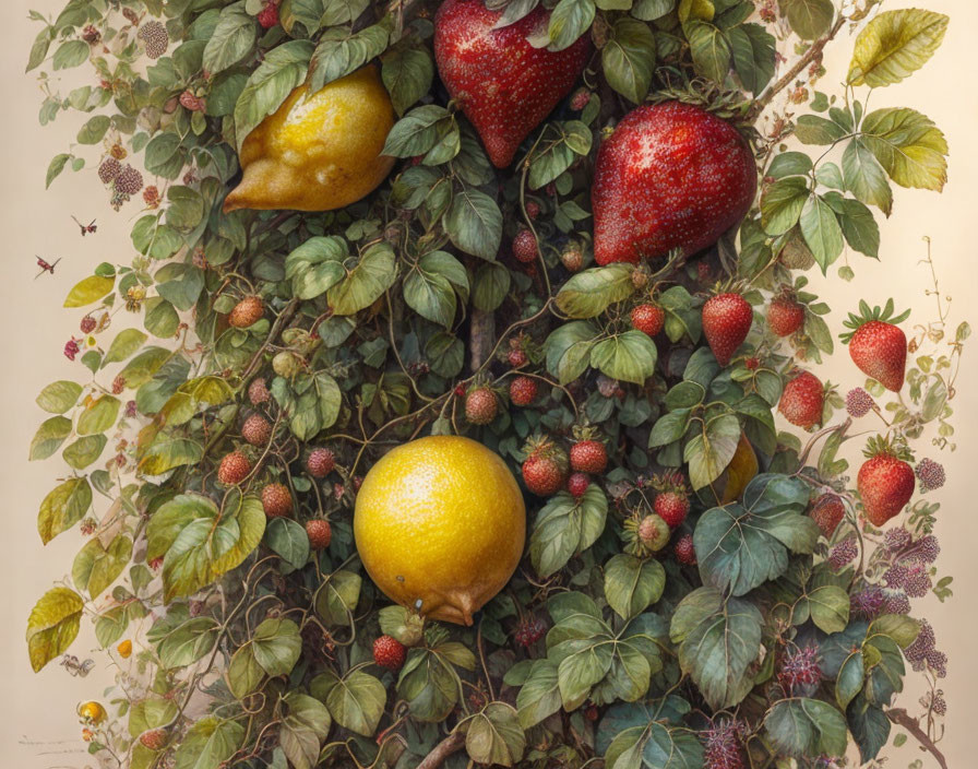 Realistic painting of lemon, strawberries, pear, and foliage tapestry