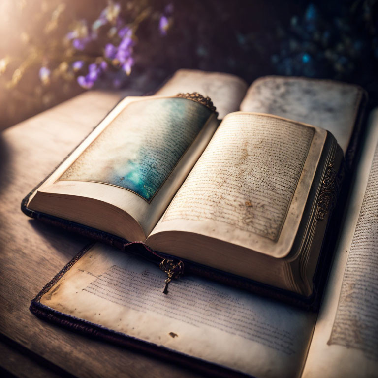 Antique book with key on pages, warm light, purple flowers in background