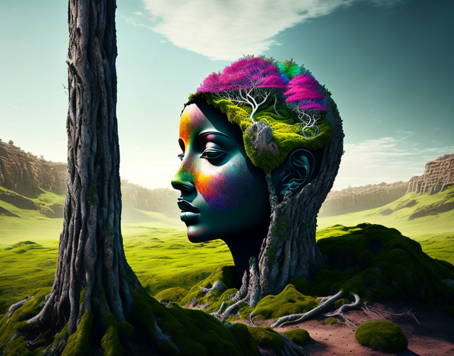 Surreal artwork: Woman's face merges with tree in vibrant landscape