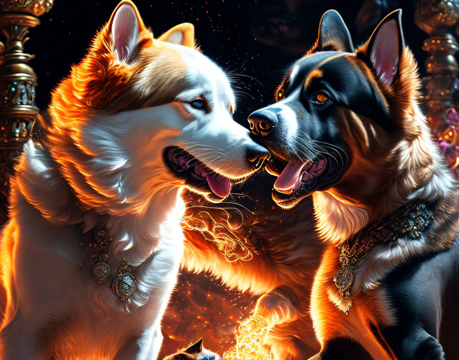 Illustration of Siberian Husky and German Shepherd Dogs in Cosmic Scene