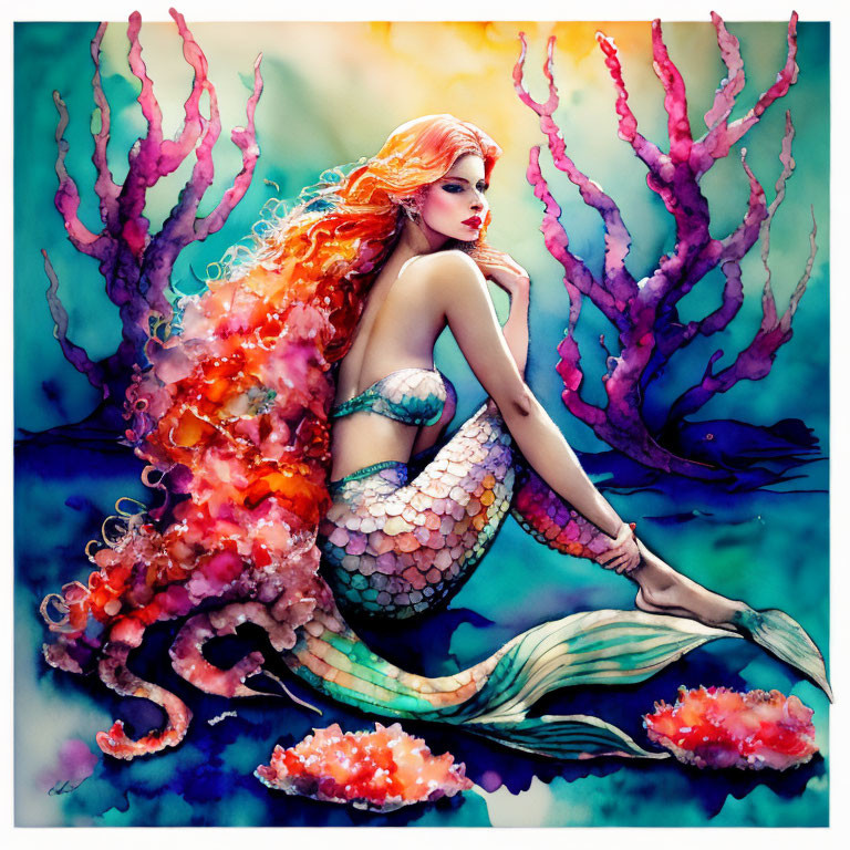 Vibrant mermaid art with colorful tail and coral reefs