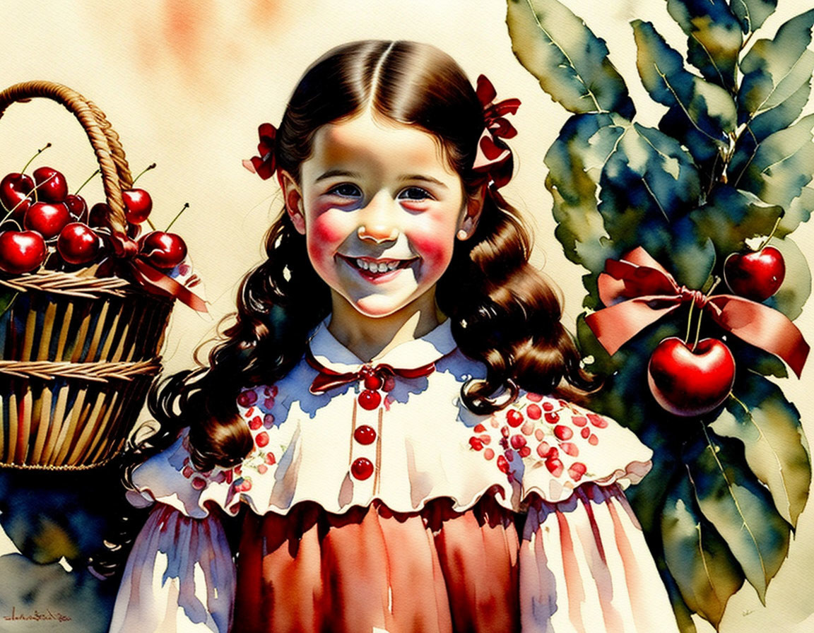 Smiling young girl with cherries in cherry-themed dress.