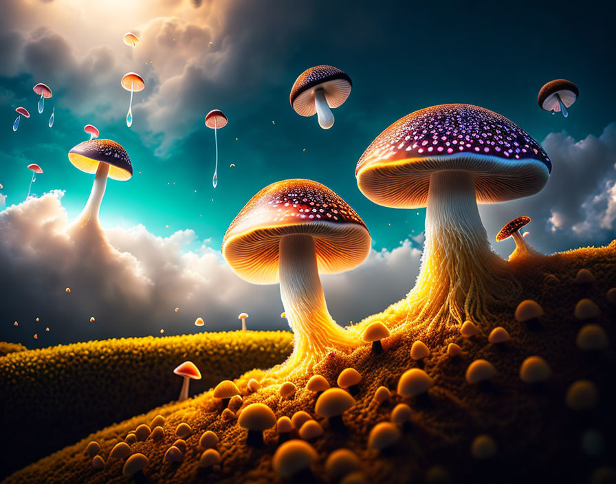 Vibrant oversized mushrooms in surreal landscape under dramatic sky