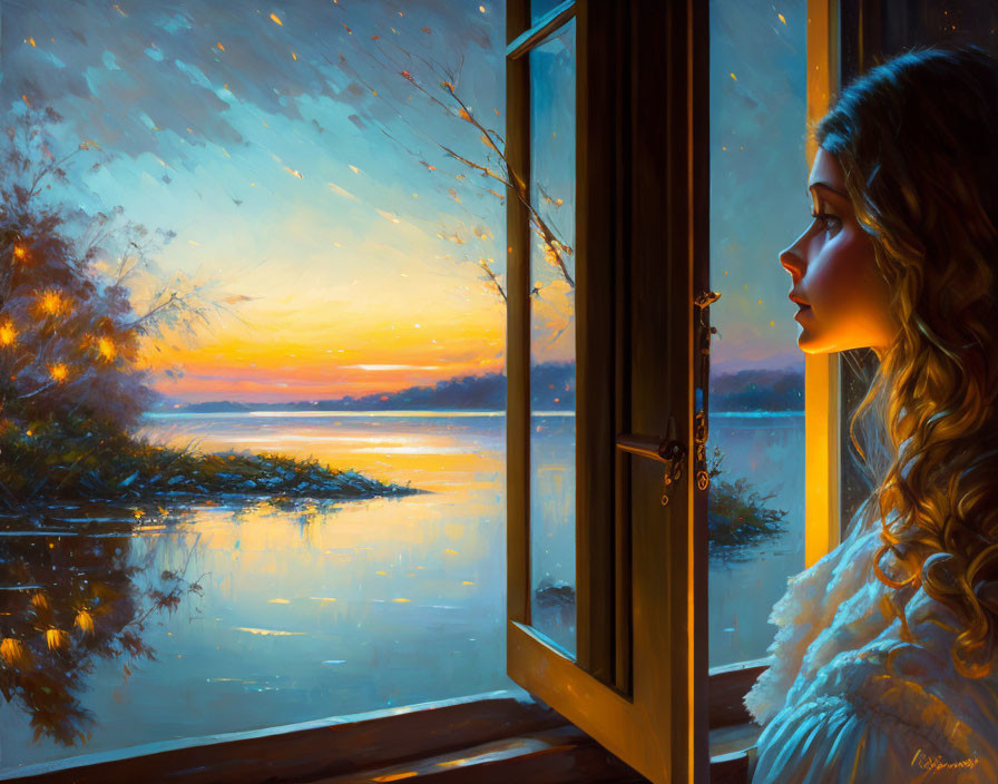 Woman looking out window at serene sunset over calm lake