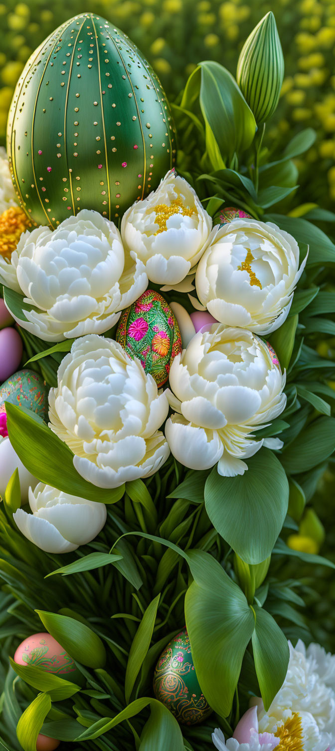 White peonies, green leaves, and Easter eggs on yellow floral backdrop