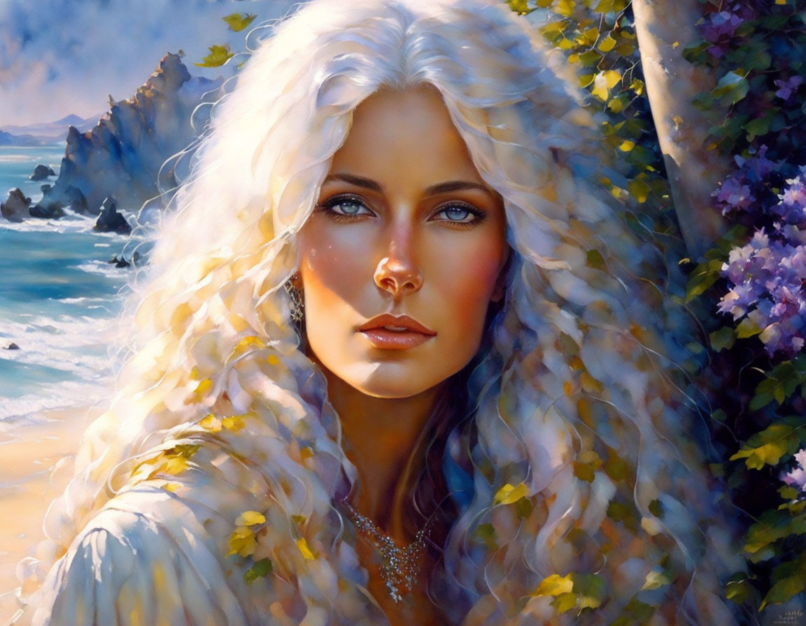 Woman with Long White Hair and Blue Eyes in Floral Seaside Landscape