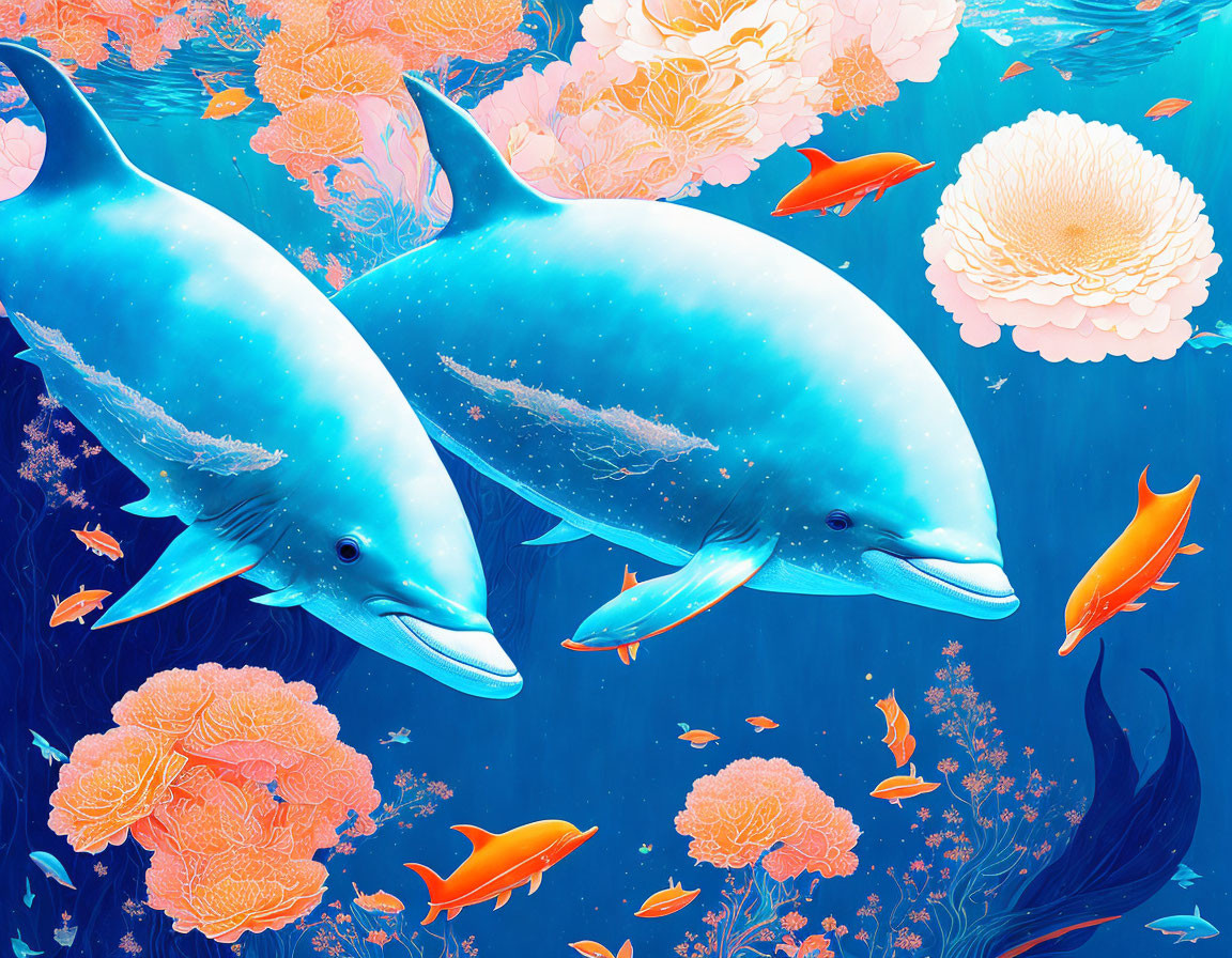 Vibrant underwater scene with two dolphins, coral, and fish