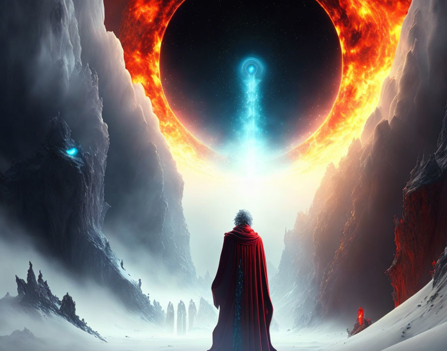 Mysterious figure in red cloak by cosmic portal and celestial event