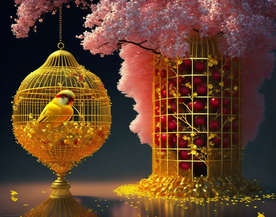 Yellow Bird in Golden Cage with Leaves and Night Sky Background