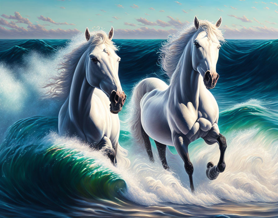 Majestic white horses galloping on ocean waves in fantastical scene