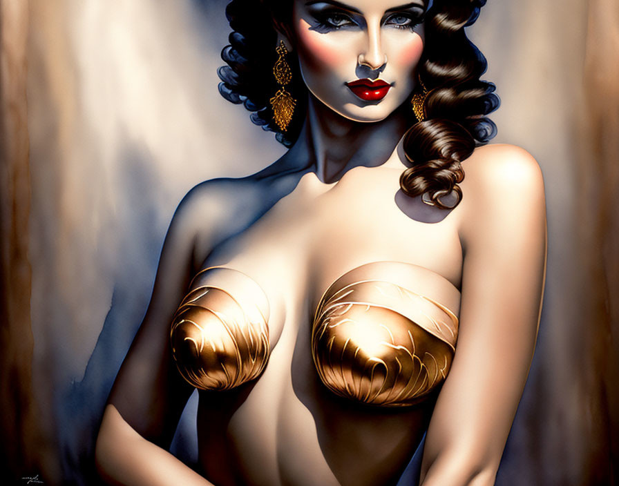 Illustration: Woman with dramatic makeup and gold seashell breast covers