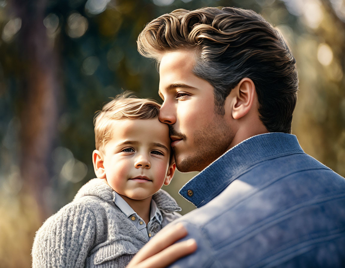 Man holding young boy with stylish haircuts against blurred natural background