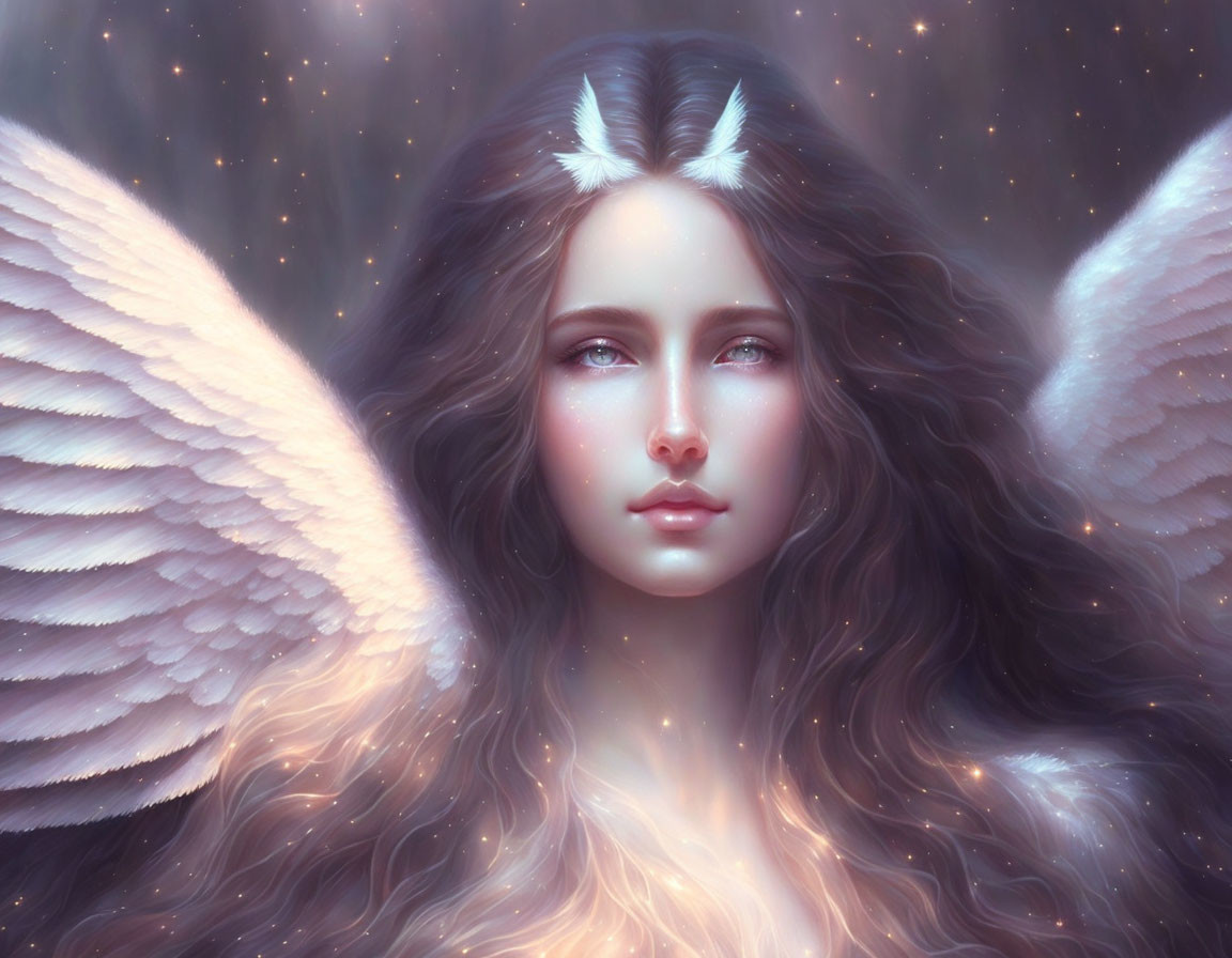 Ethereal being with white feathered wings and serene expression under starry sky