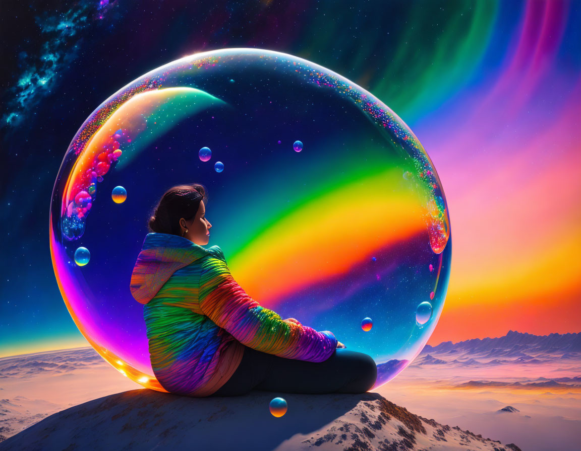 Person admires auroras through iridescent bubble in surreal sky