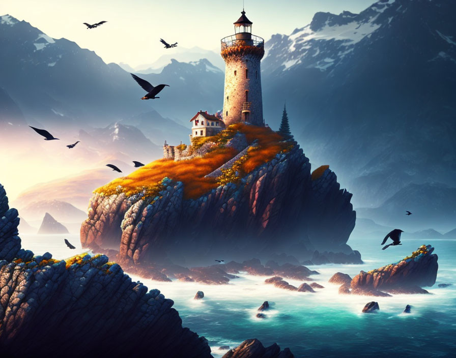 Tranquil twilight scene: lighthouse on cliff, mountains, birds, gentle waves