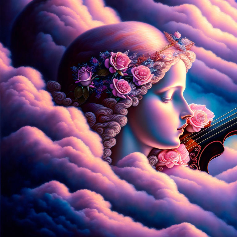 Surreal artistic depiction of woman with roses in hair and violin in pink and purple clouds