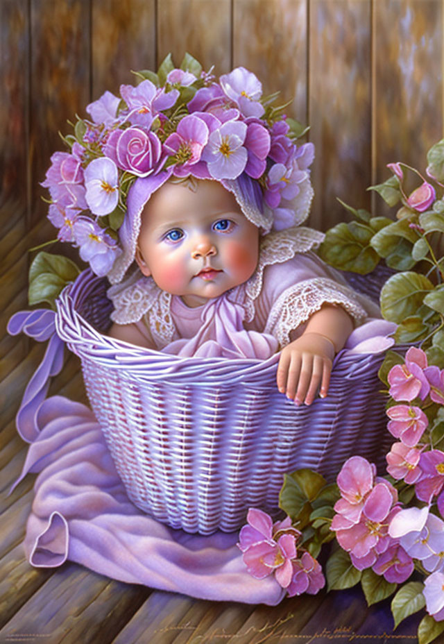 Adorable baby with blue eyes in a basket, pink flower bonnet, surrounded by floral blooms