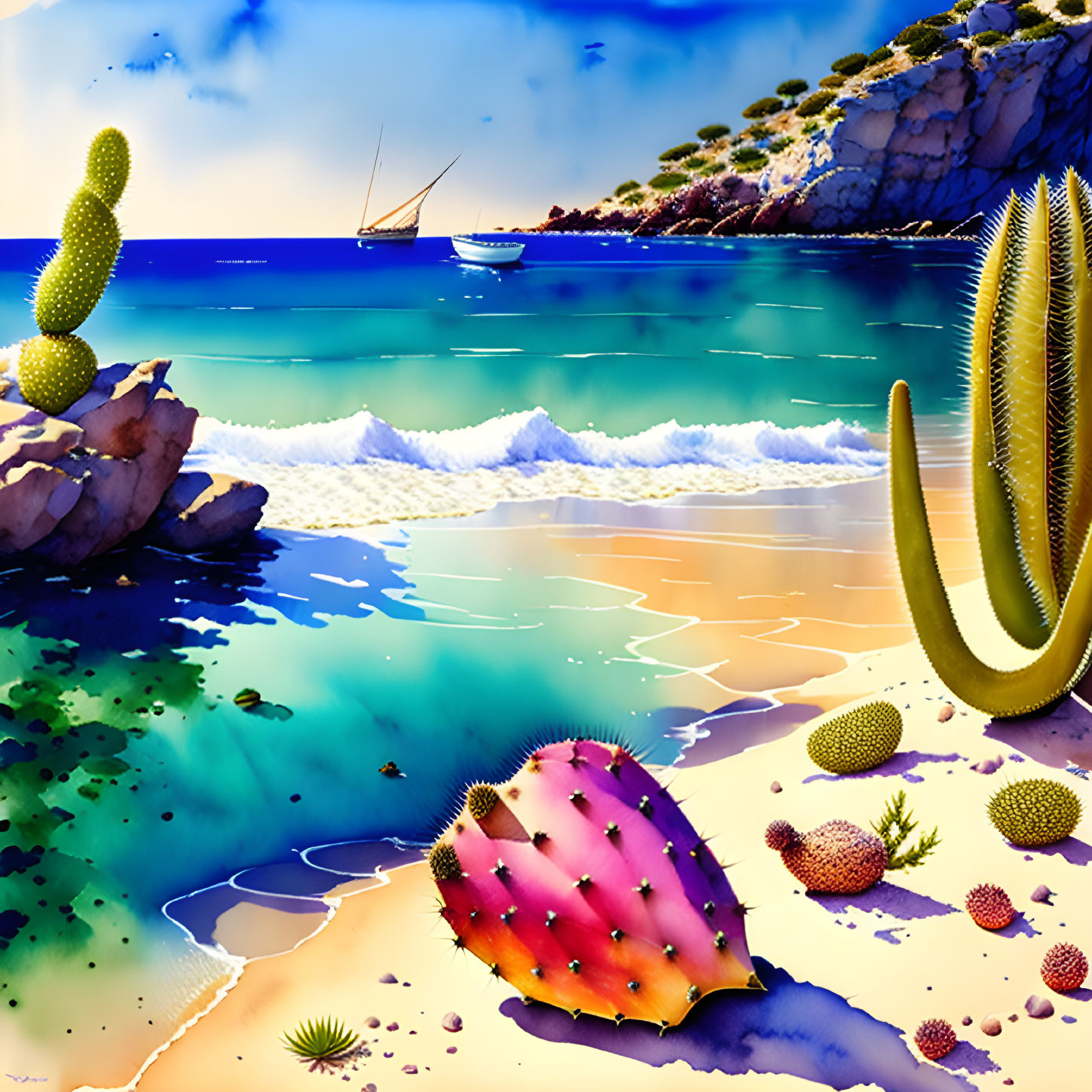 Sunny beach with cacti, sailboat, and rocky cliff