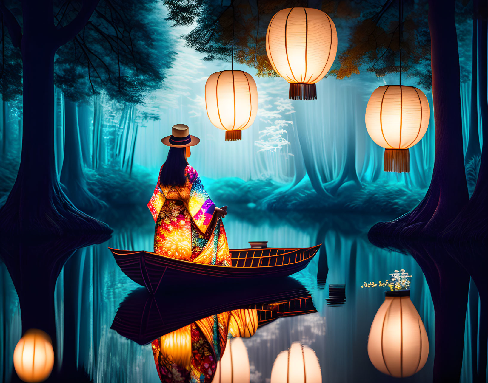 Traditional Attire Figure in Boat Surrounded by Glowing Lanterns in Serene Forest