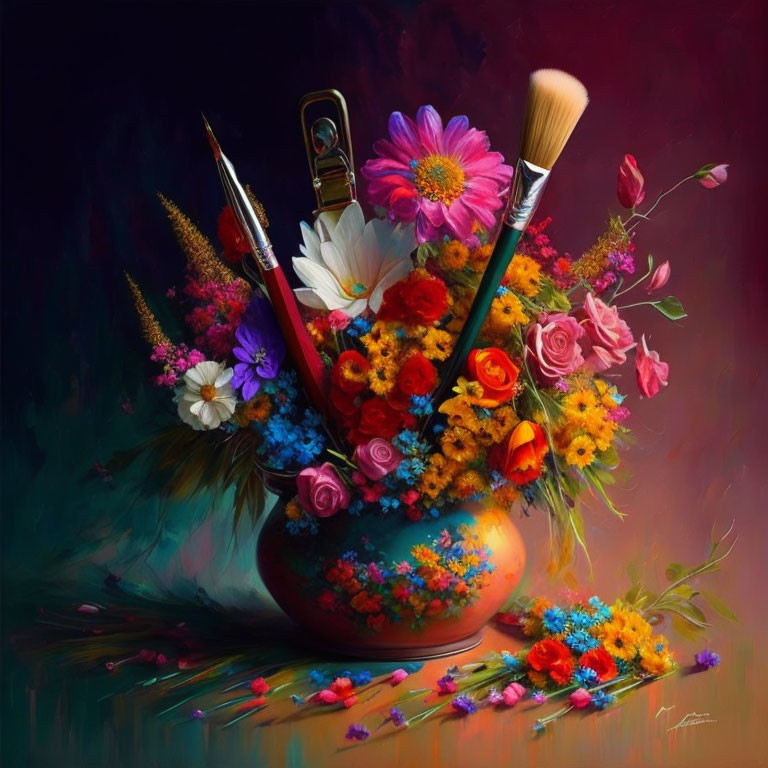 Colorful Painting of Vase with Blossoms and Art Supplies on Dark Background