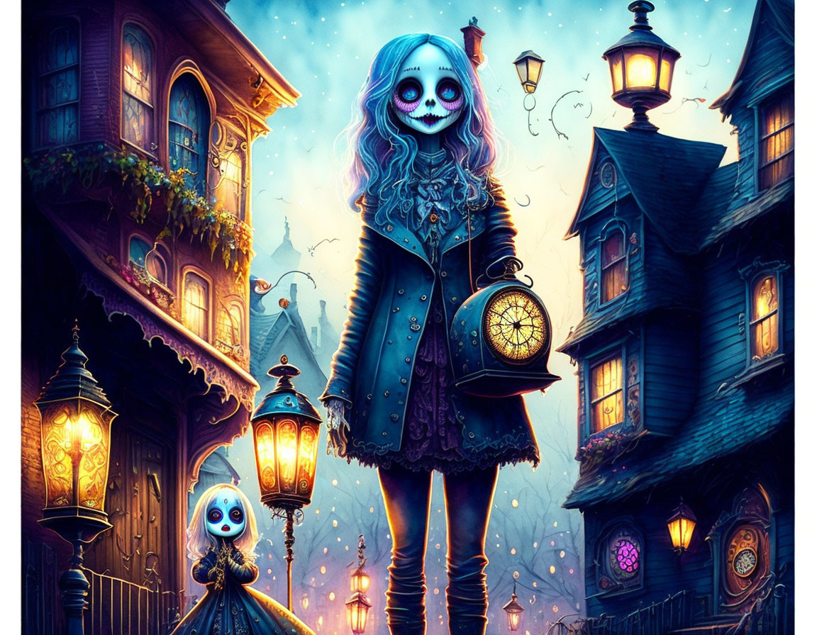 Vibrant illustration of girl and skull-faced figure in lantern-lit village