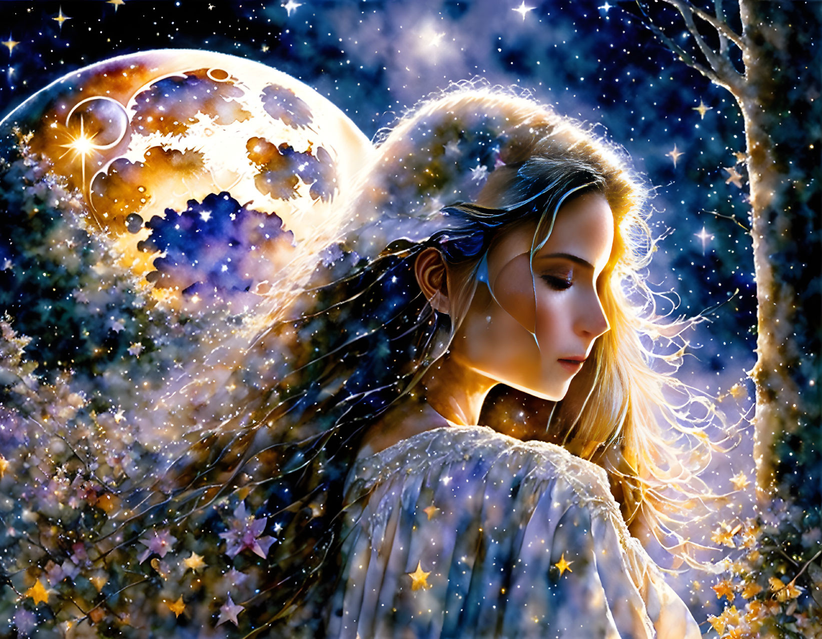 Serene woman in starry night with trees and moon