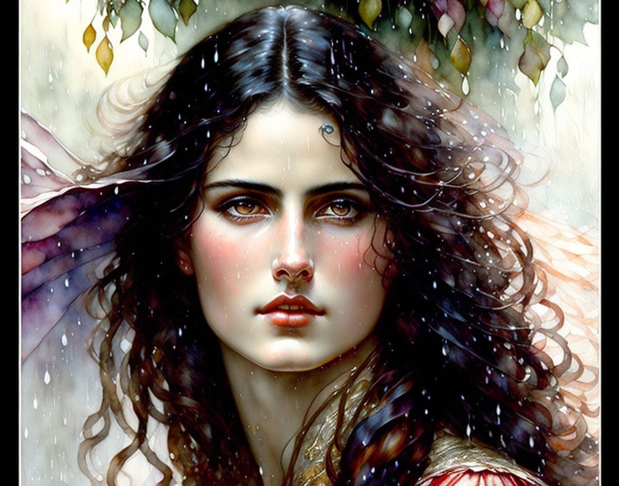 Fantasy illustration of woman with dark wavy hair and butterfly wings