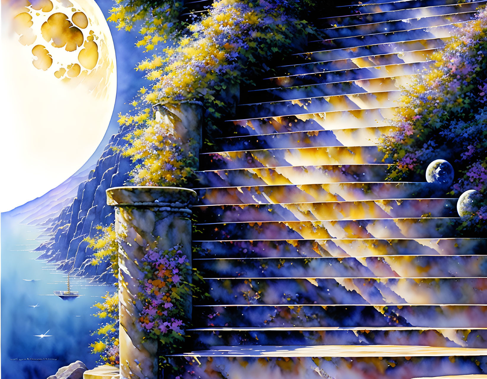 Fantasy landscape with flower-lined staircase and moonlit sea