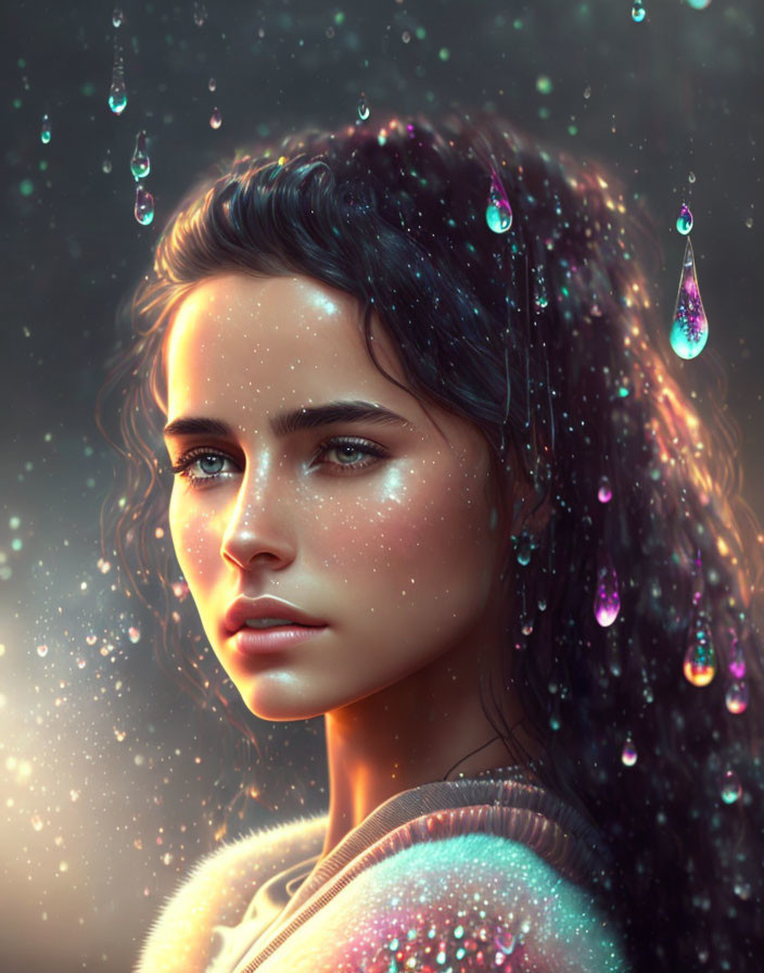 Young woman with dark hair and blue eyes in digital portrait with water droplets.