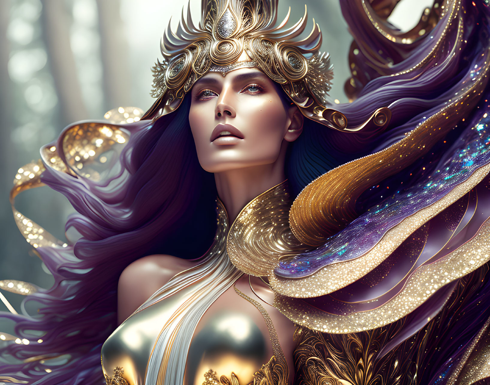 Regal fantasy figure with cosmic hair and golden headdress in misty forest.