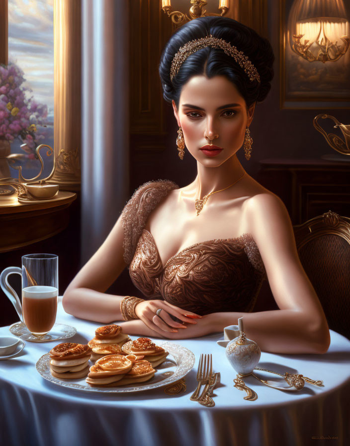 Luxurious Dress Woman at Table with Pancakes and Coffee in Opulent Vintage Room