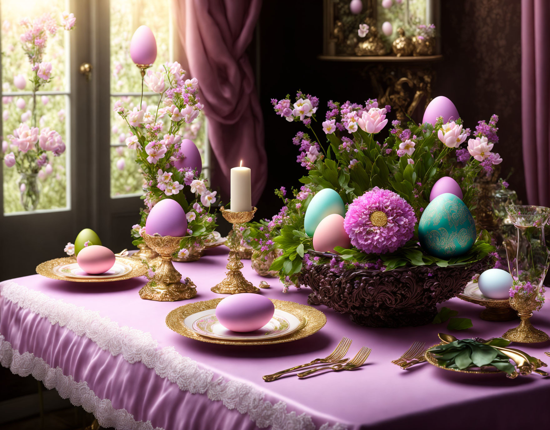 Pastel Easter table setting with floral arrangements, gold accents, and lit candle