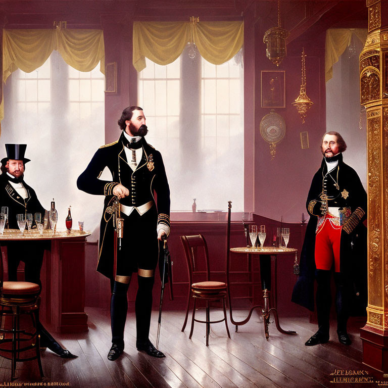 Three men in 19th-century military uniforms in elegant room with chandelier, curtains, and serving