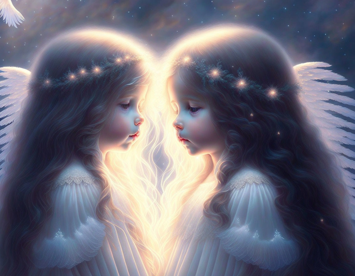 Angelic figures with wings glowing in starry backdrop