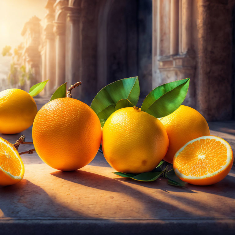 Oranges with leaves on cobblestone under sunlight and historical architecture