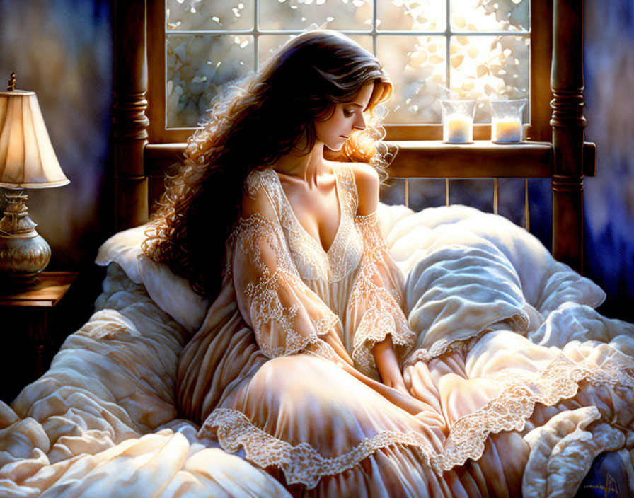 Woman in lace-adorned dress sitting by window with candles and snowflakes