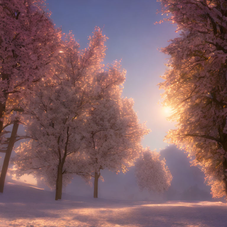 Cherry blossom trees in sunset or sunrise over snowy landscape