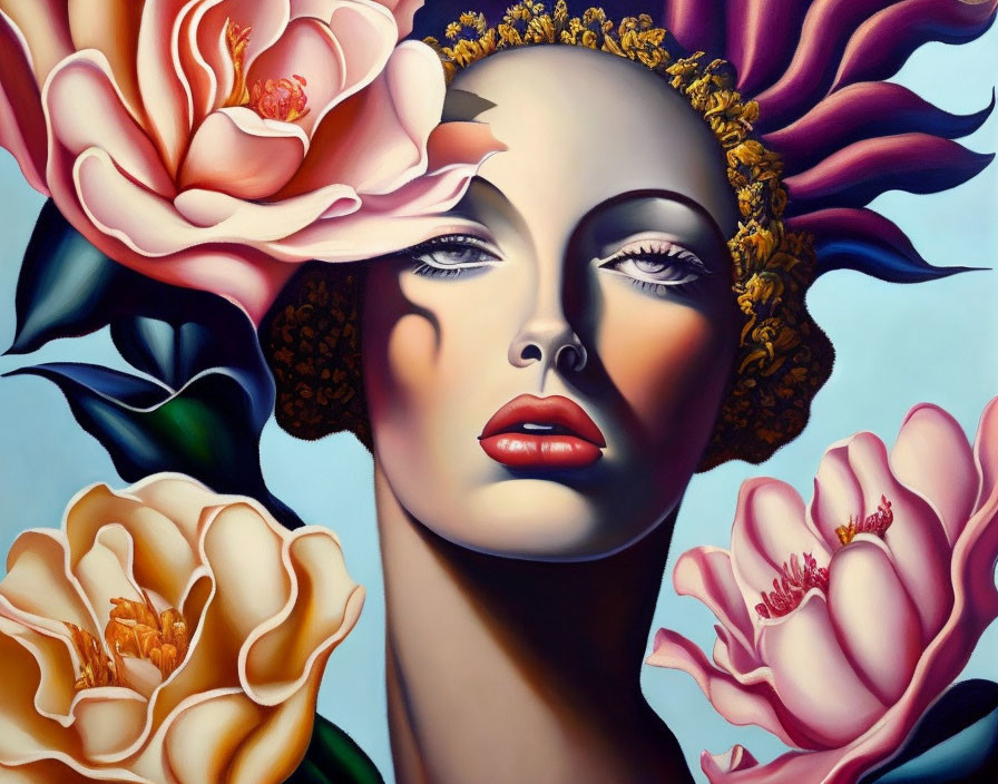 Surreal artwork: Woman's face with floral hair in vibrant colors