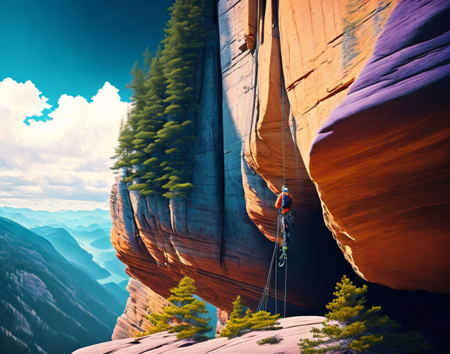 Climber rappelling down colorful rock face amid cliffs and trees