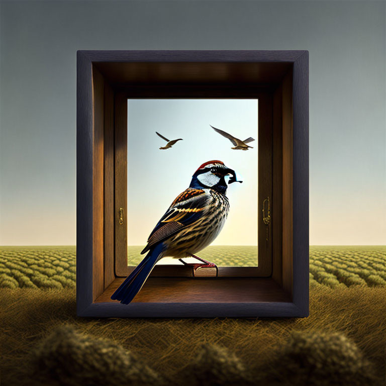 Colorful Bird Perched on Open Window in Surreal Landscape