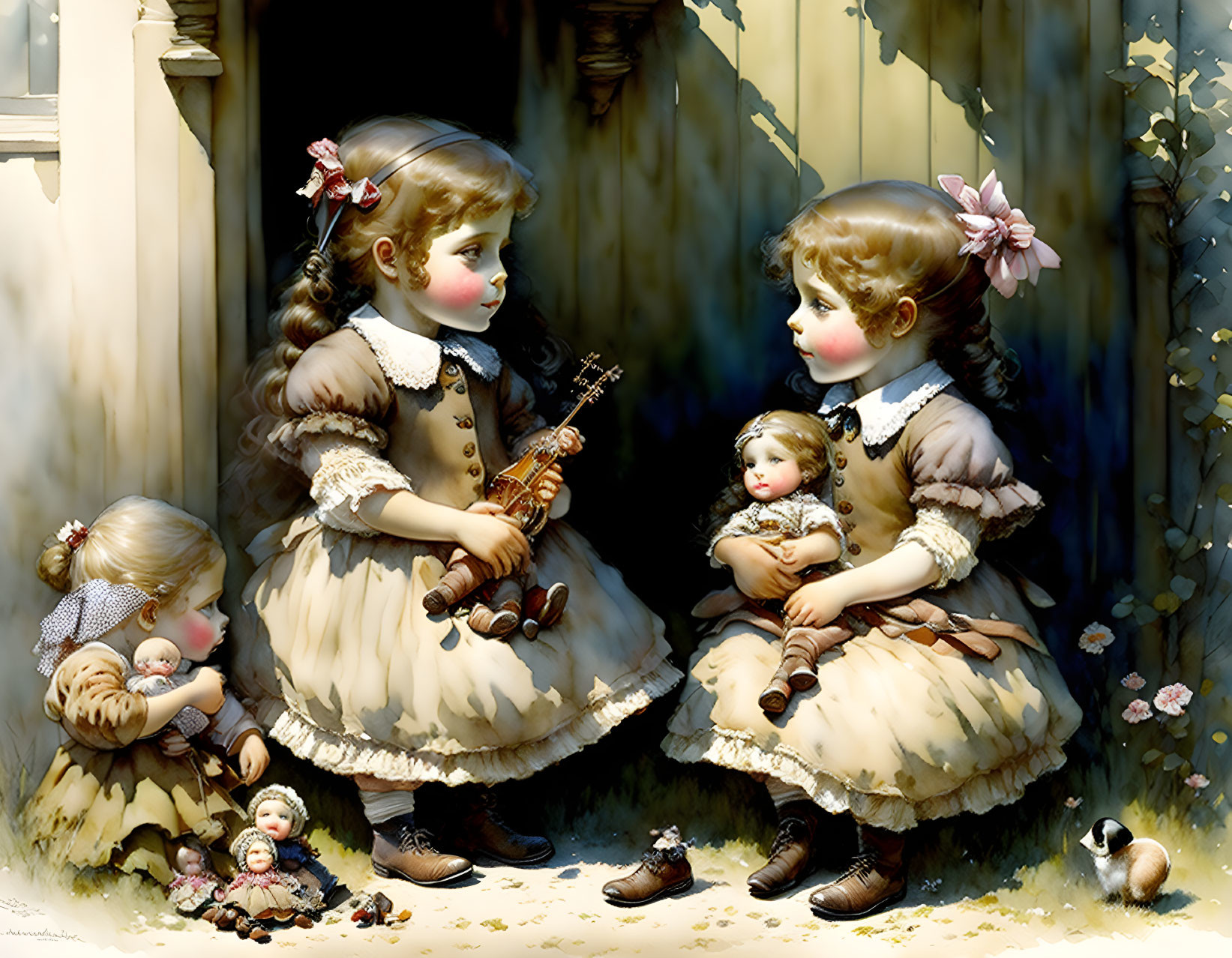 Victorian-era girls with dolls in brown dresses by a column