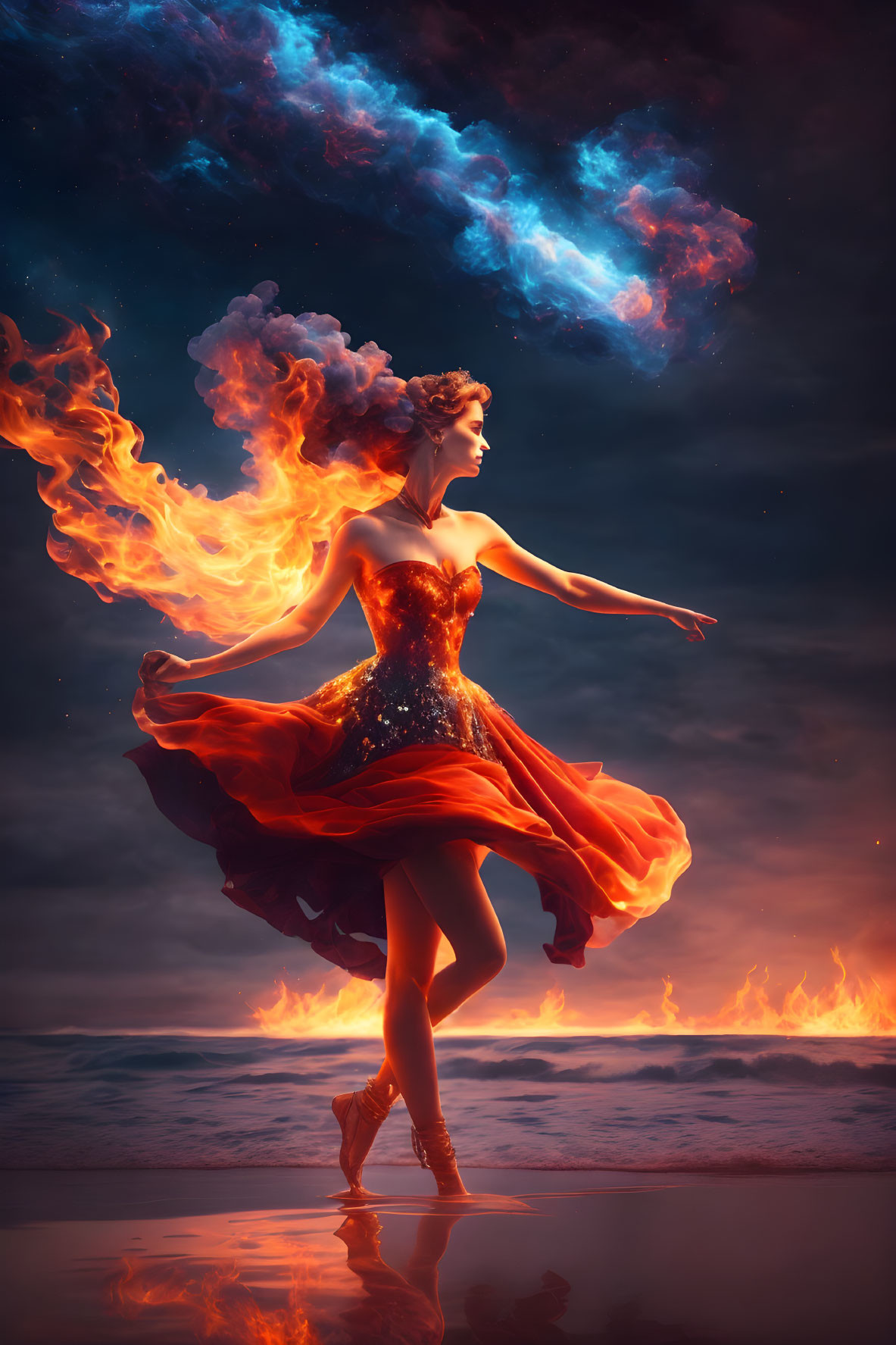 Woman in red dress dancing on beach at twilight with fiery hair and dress under dramatic sky.