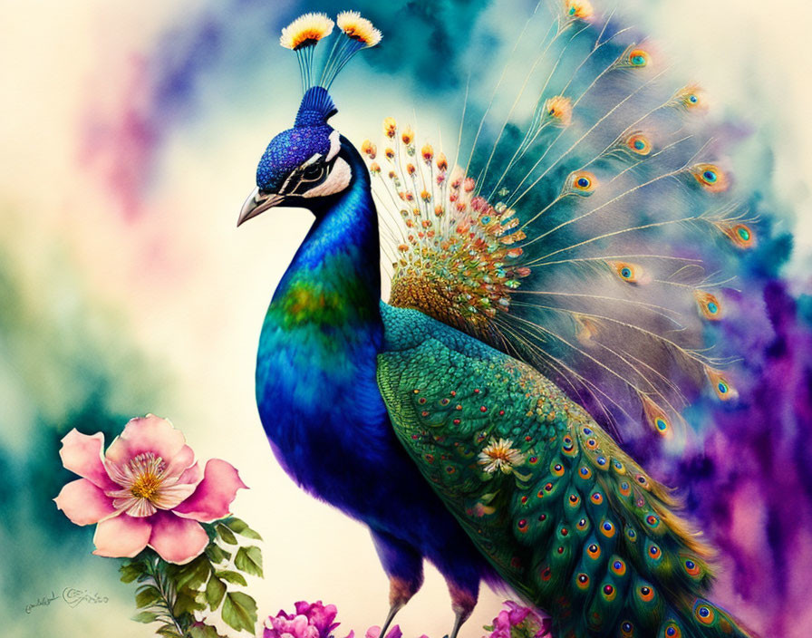 Colorful peacock among flowers on soft background