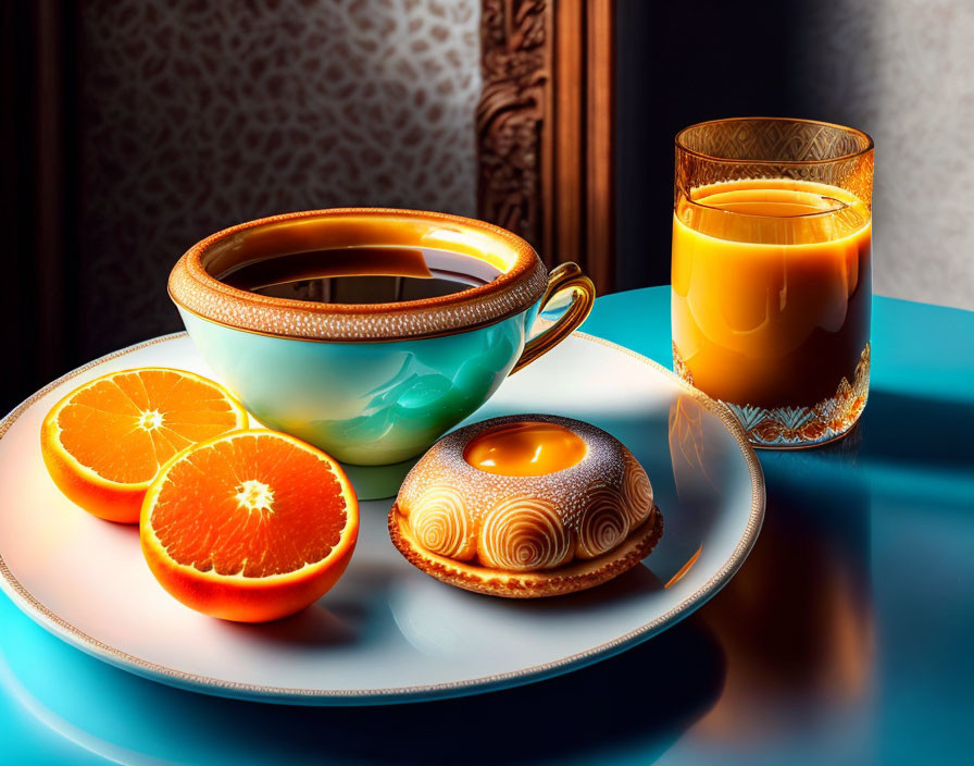 Colorful Breakfast Spread with Coffee, Orange Juice, Oranges, and Pastry