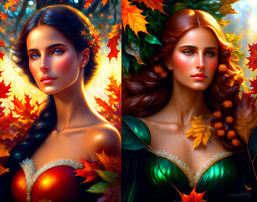 Artistic portraits of women with autumn leaves in hair and vibrant fall background