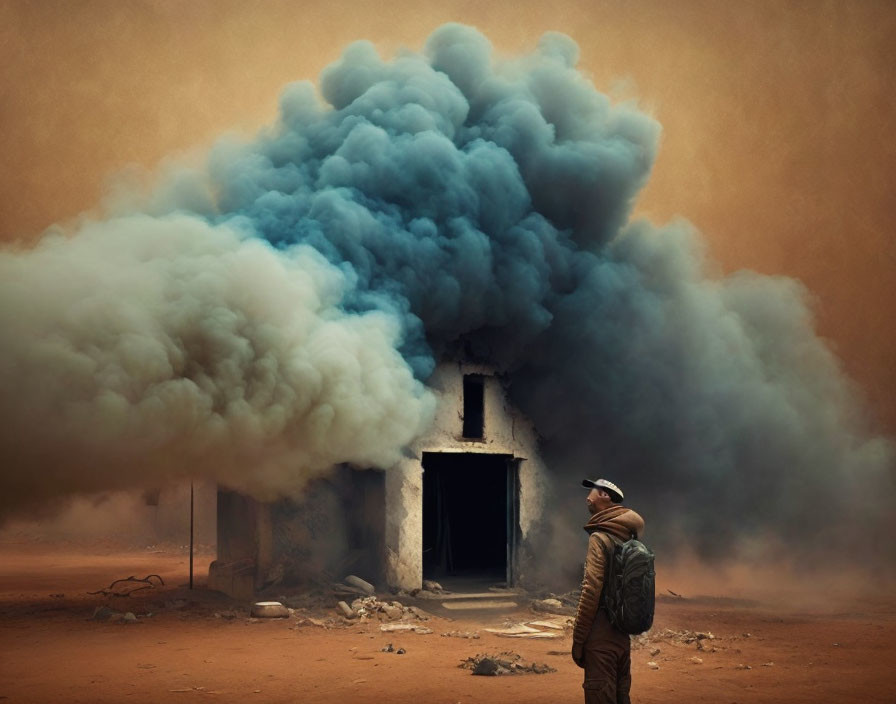 Person with backpack gazes at smoke from building in sandy wasteland