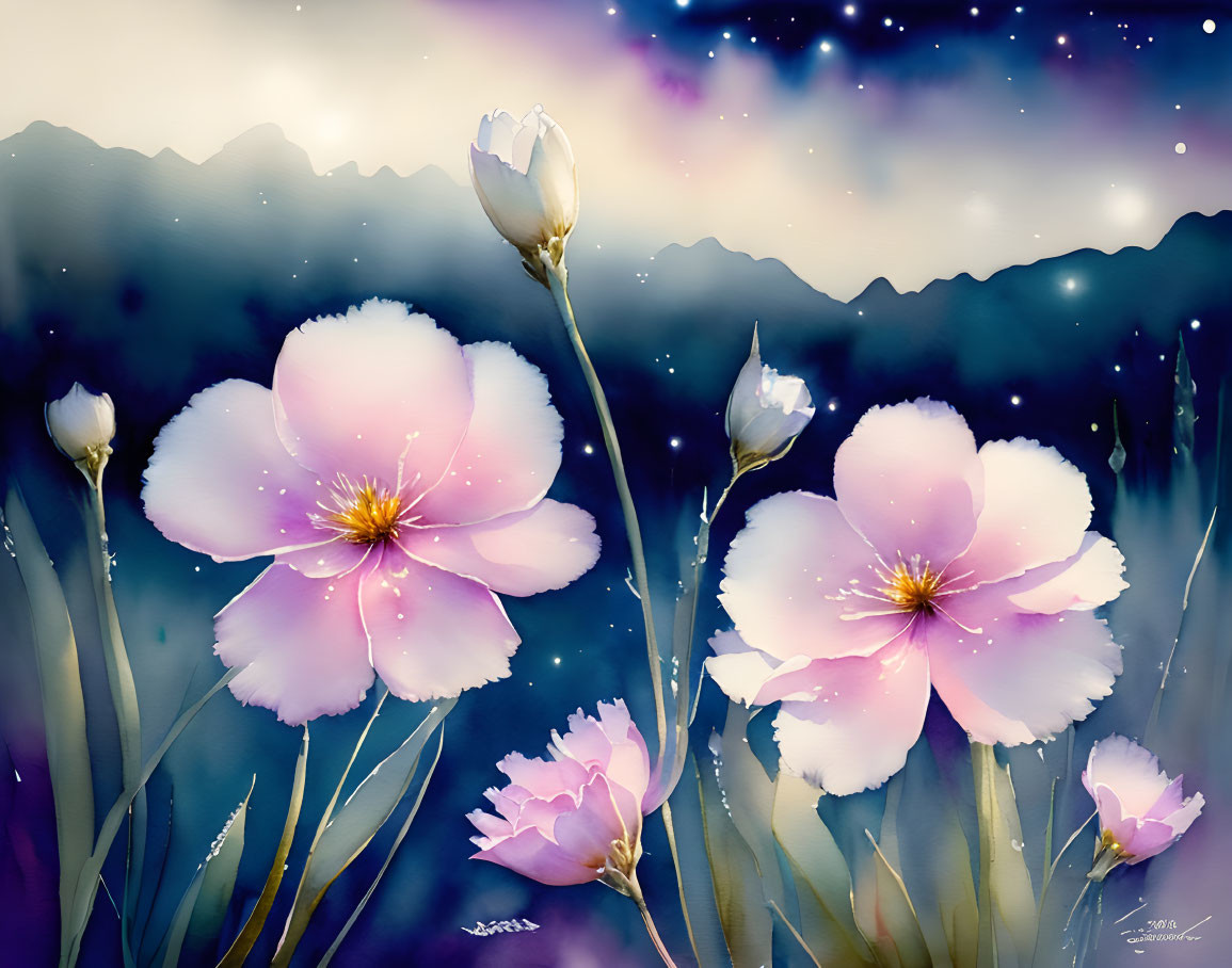 Pink flowers under twilight sky with stars and mountains: a digital painting.